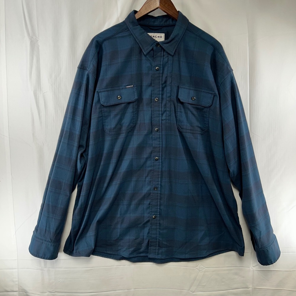 Poncho Flannel Shirt Mens XXL Blue Plaid Magnetic Pockets Performance Stretch